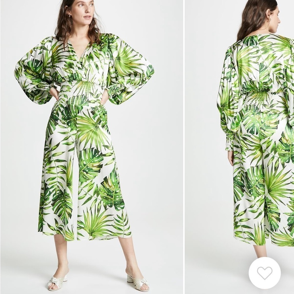 Caroline Constas Cropped Smocked Waist Jumpsuit in Tropical Leaf Print Size M